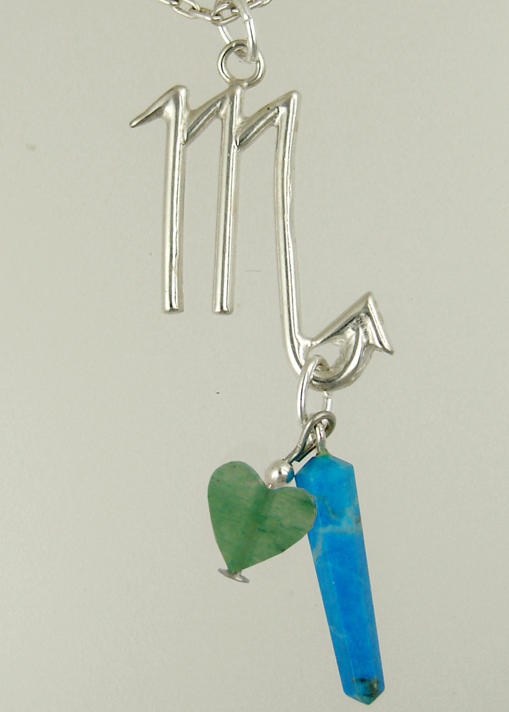 Sterling Silver Scorpio Pendant Necklace With an Turquoise And Green Heart